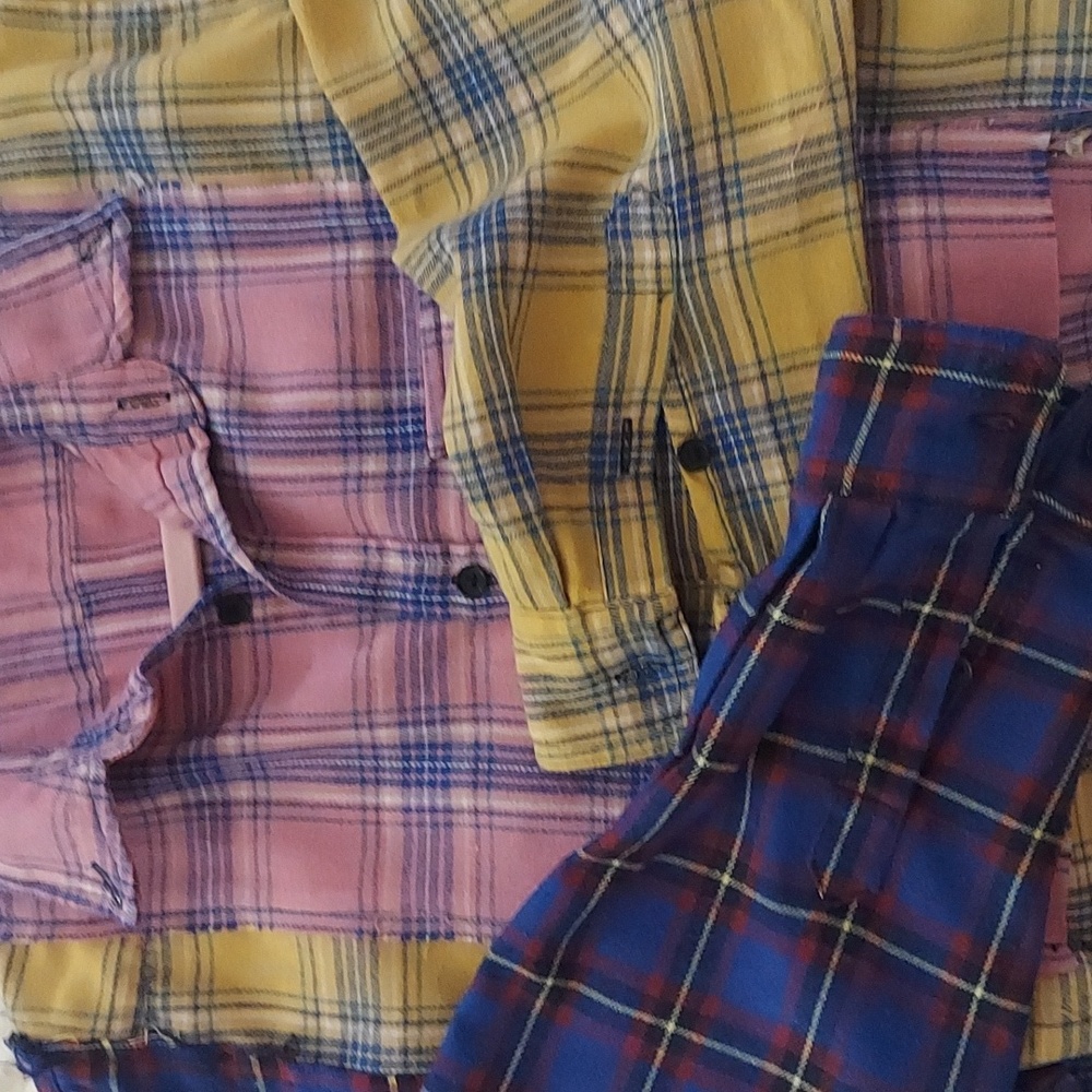 Better Be Colorful Plaid Patchwork Cropped Raw Hem Button Down Shirt Sz M